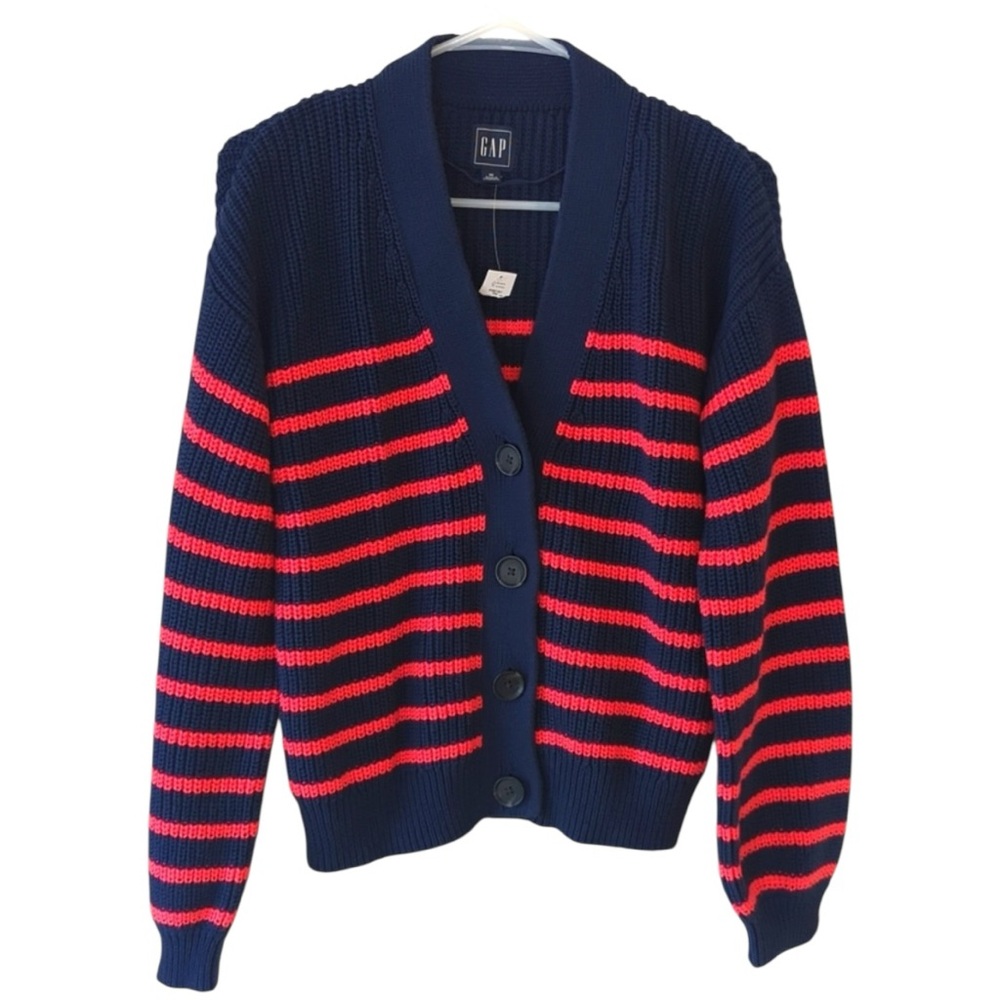 New GAP Cardigan, Navy with Pink Stripes Sz M